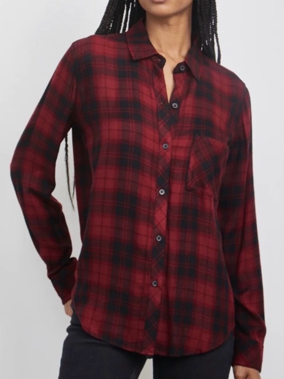 Rails 100% Rayon Flannel Plaid Button Down Shirt w. Pocket - Red Black - S